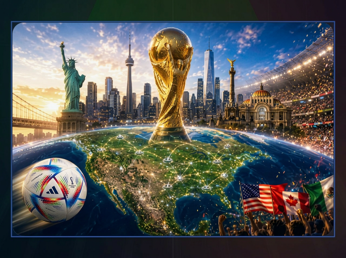 2026 FIFA World Cup across USA, Canada and Mexico — trophy, host city skylines, stadium crowd and host nation flags
